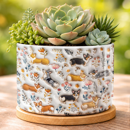 Lorva Corgi Flat Print Ceramic Plant Pot Happy Field Flowers