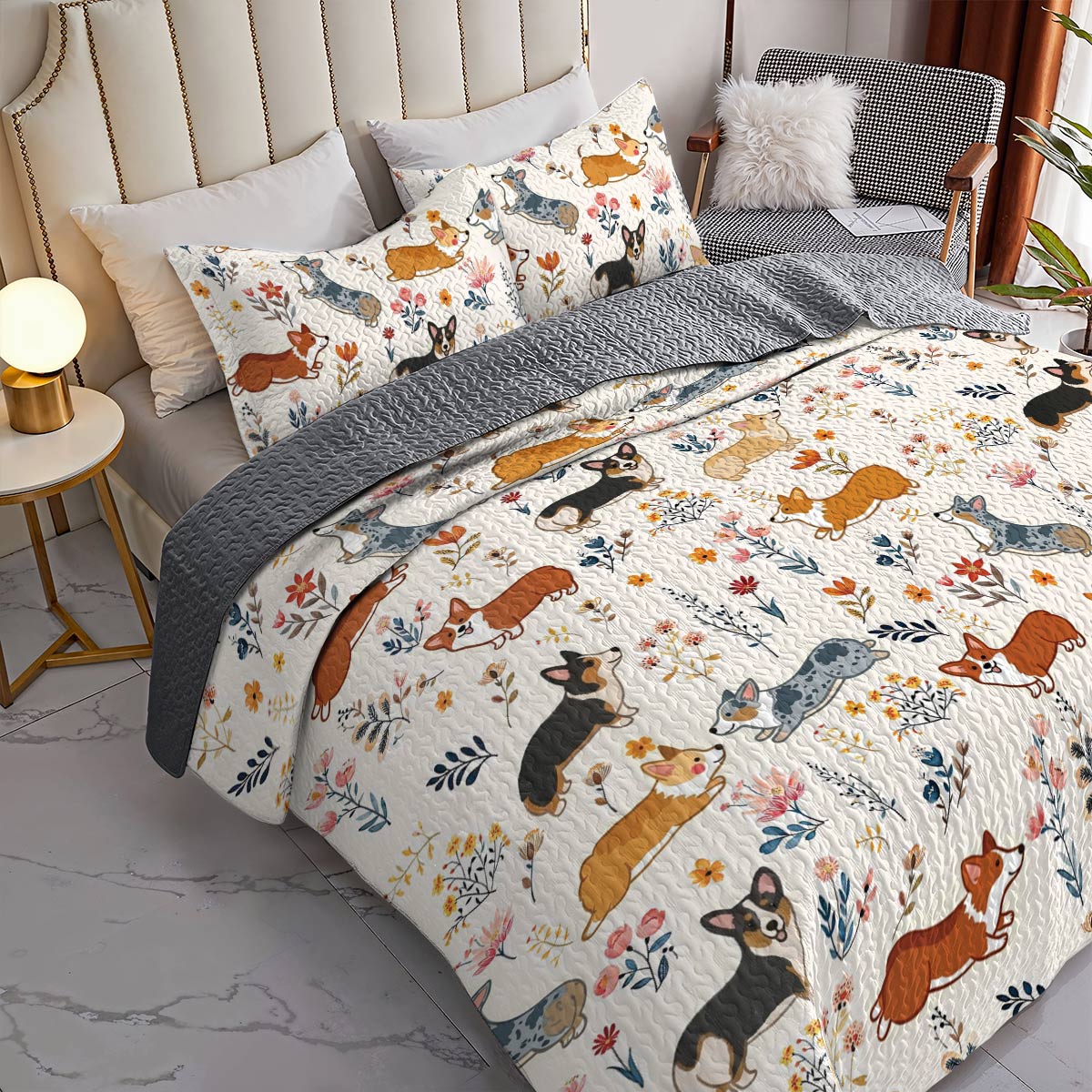 Lorva Corgi All Season Quilt 3-Piece Set Happy Field Flowers