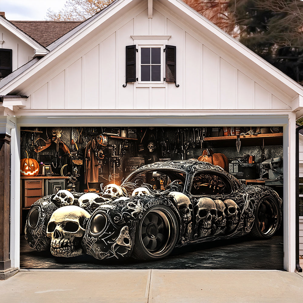 Lorva Halloween Garage Door Banner Decoration Halloween Skull Car