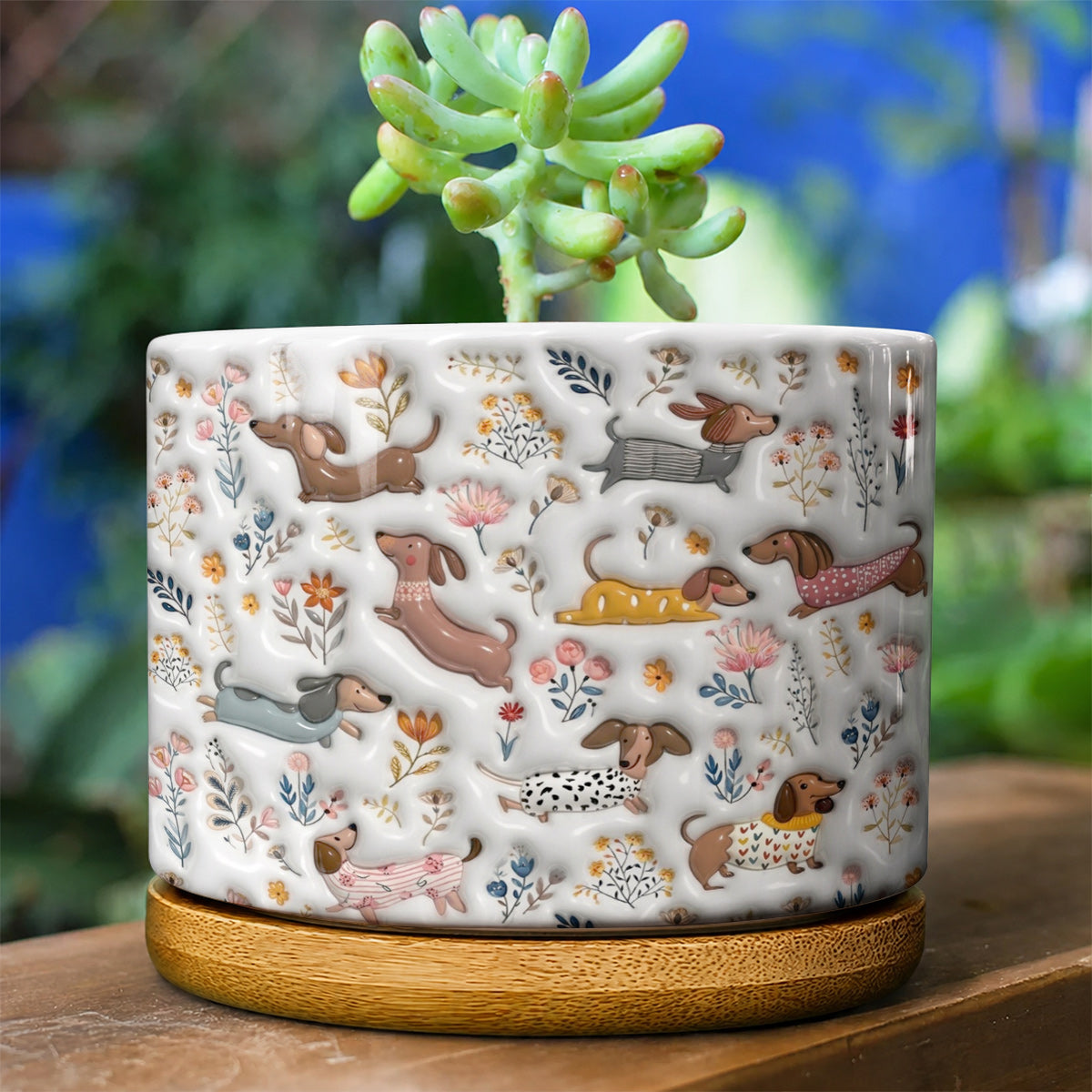 Lorva Dachshund Flat Print Ceramic Plant Pot Happy Field Flowers