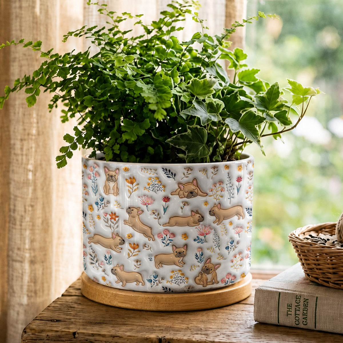 Lorva French Bulldog Flat Print Ceramic Plant Pot Happy Field Flowers