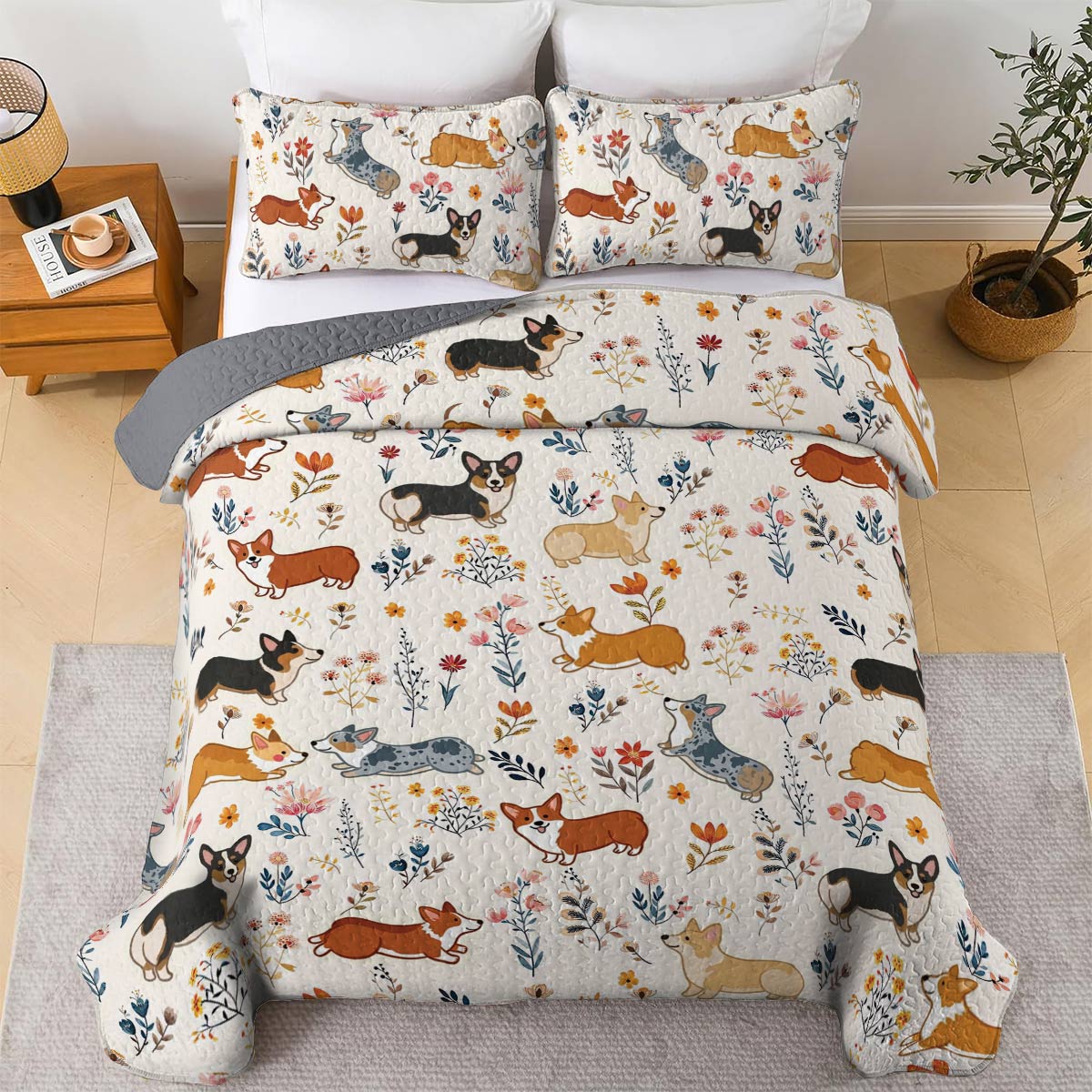 Lorva Corgi All Season Quilt 3-Piece Set Happy Field Flowers