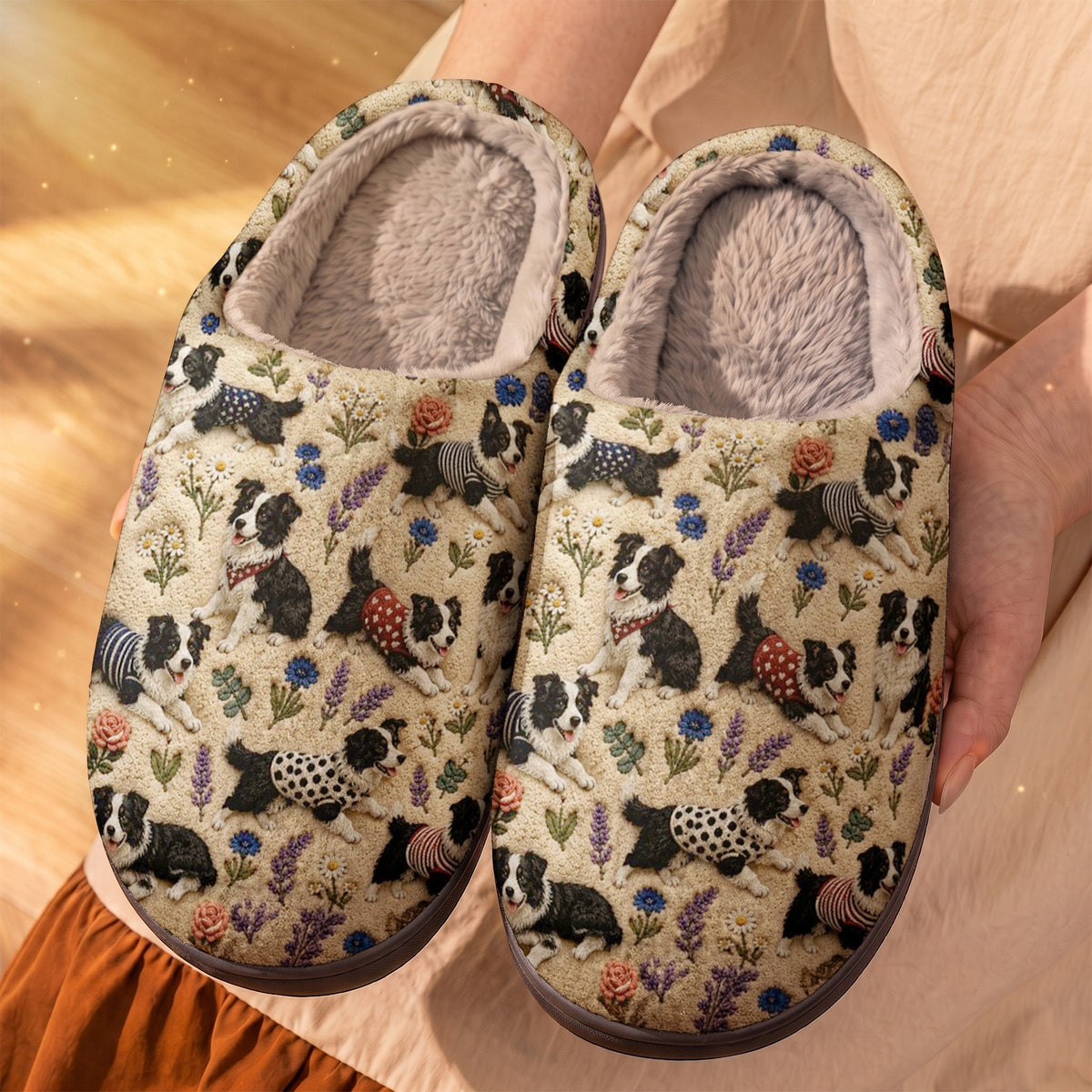Lorva Border Collie Fleece Lined Slippers Happy Floral Garden