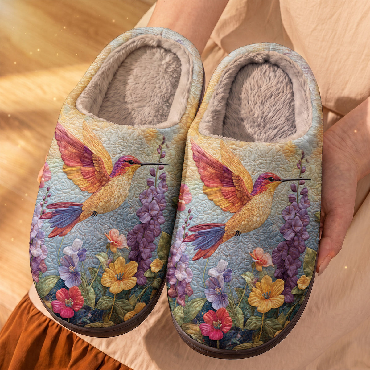 Lorva Hummingbird Fleece Lined Slippers Gentle Floral Hummingbird