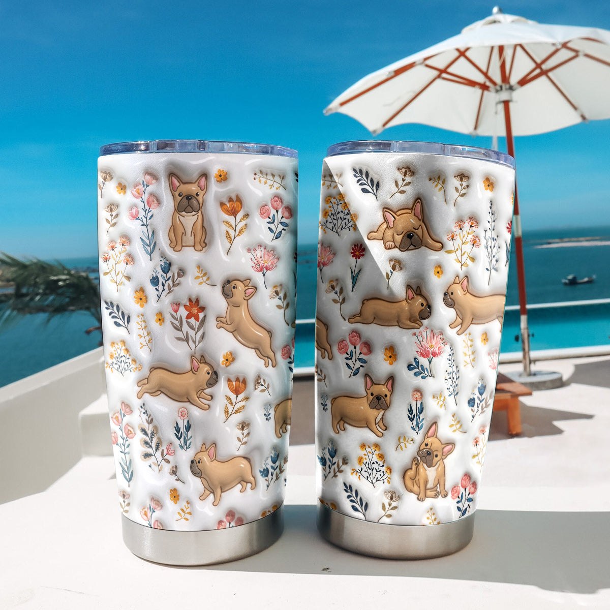 Lorva French Bulldog 20Oz Flat Print Tumbler Happy Field Flowers