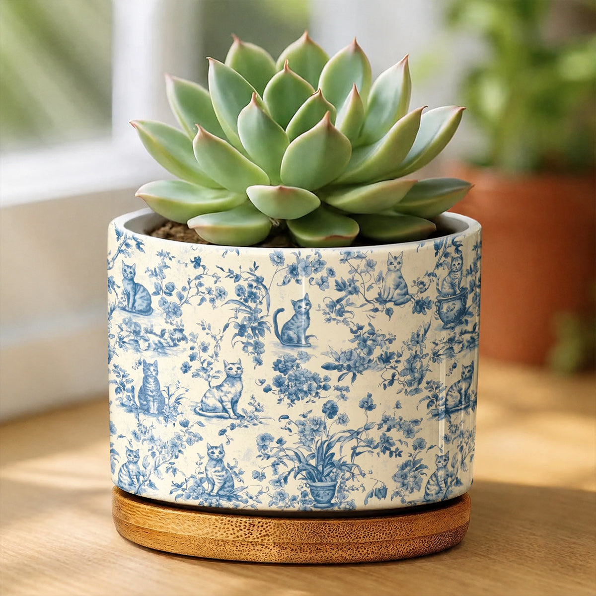 Lorva Ceramic Plant Pot Blue Floral Cats