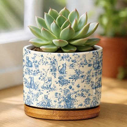 Lorva Ceramic Plant Pot Blue Floral Cats