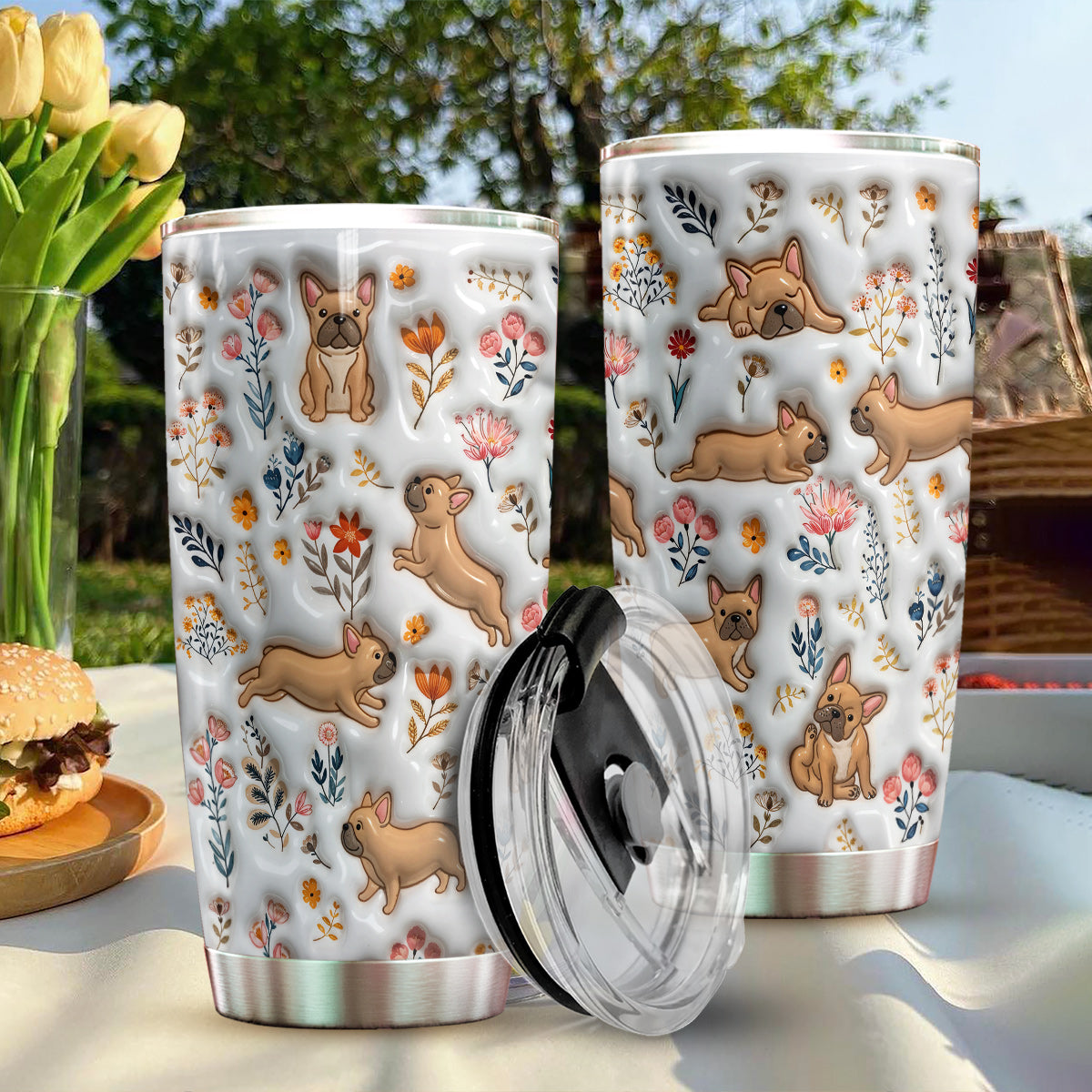 Lorva French Bulldog 20Oz Flat Print Tumbler Happy Field Flowers