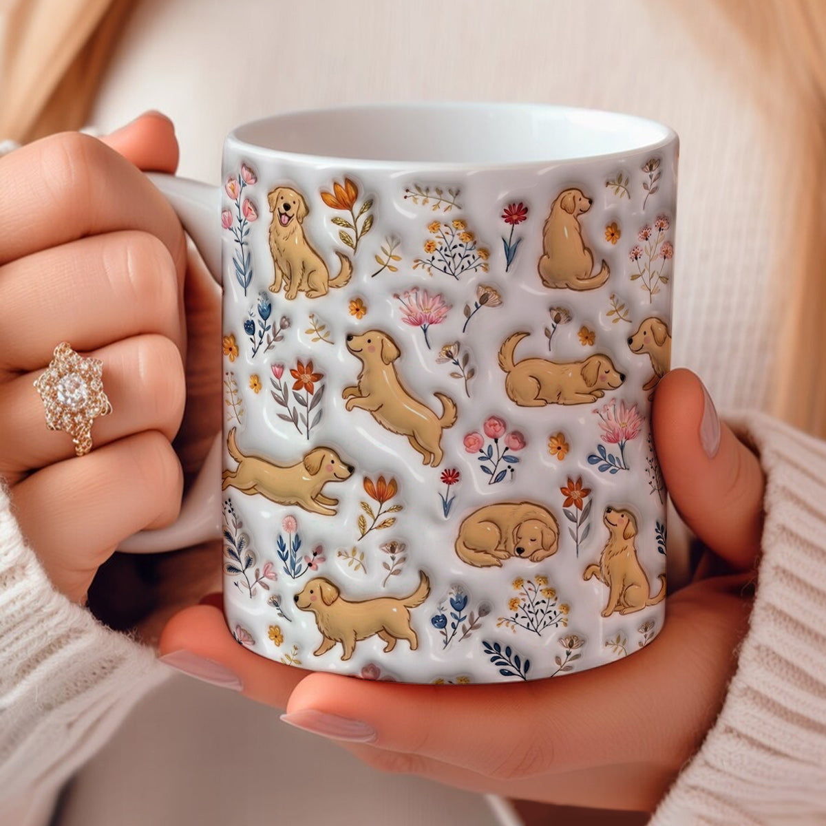 Lorva Golden Retriever Flat Print Mug Cute Field Flowers