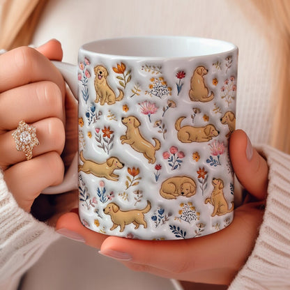 Lorva Golden Retriever Flat Print Mug Cute Field Flowers