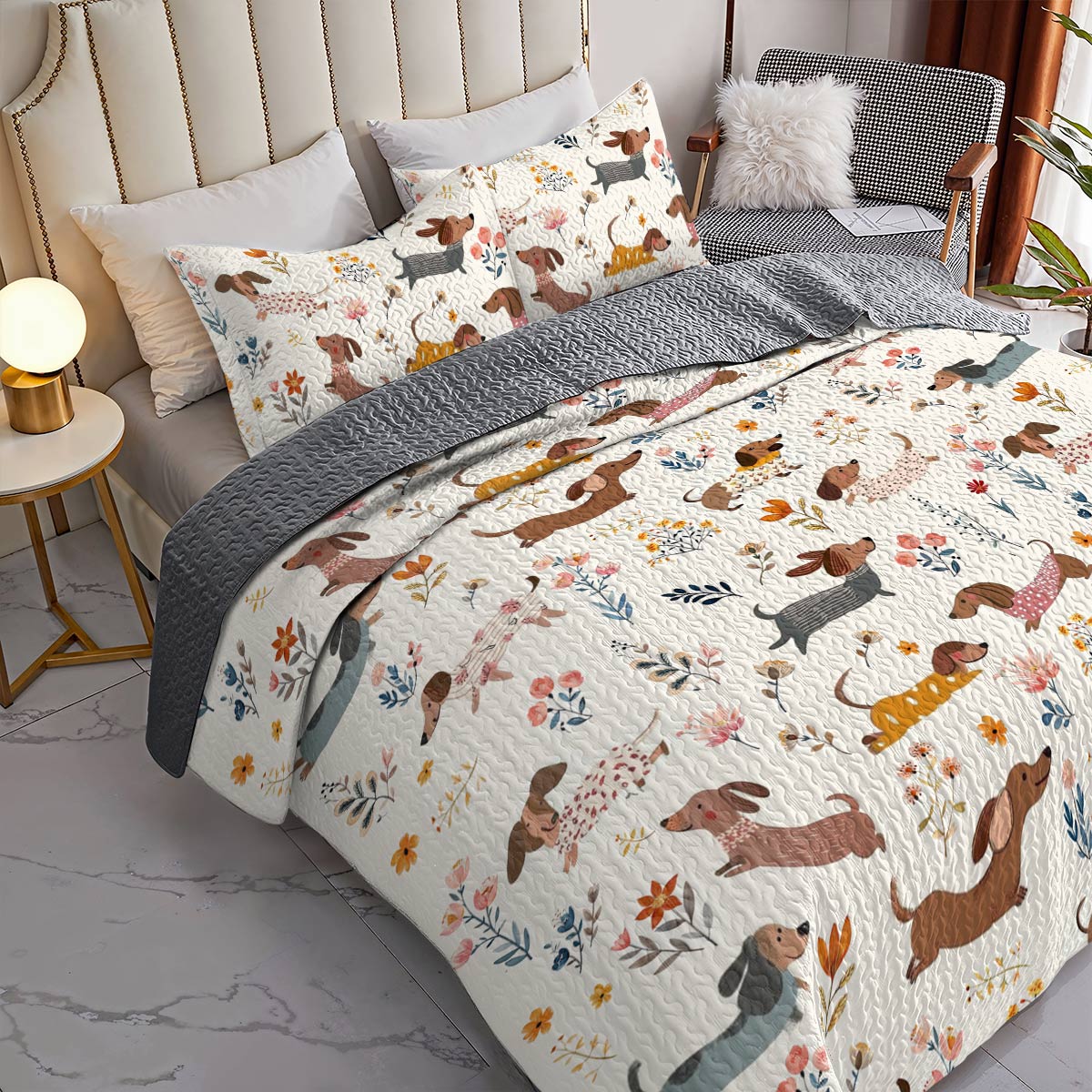 Dachshund Lorva All Season Quilt 3-Piece Set Happy Field Flowers