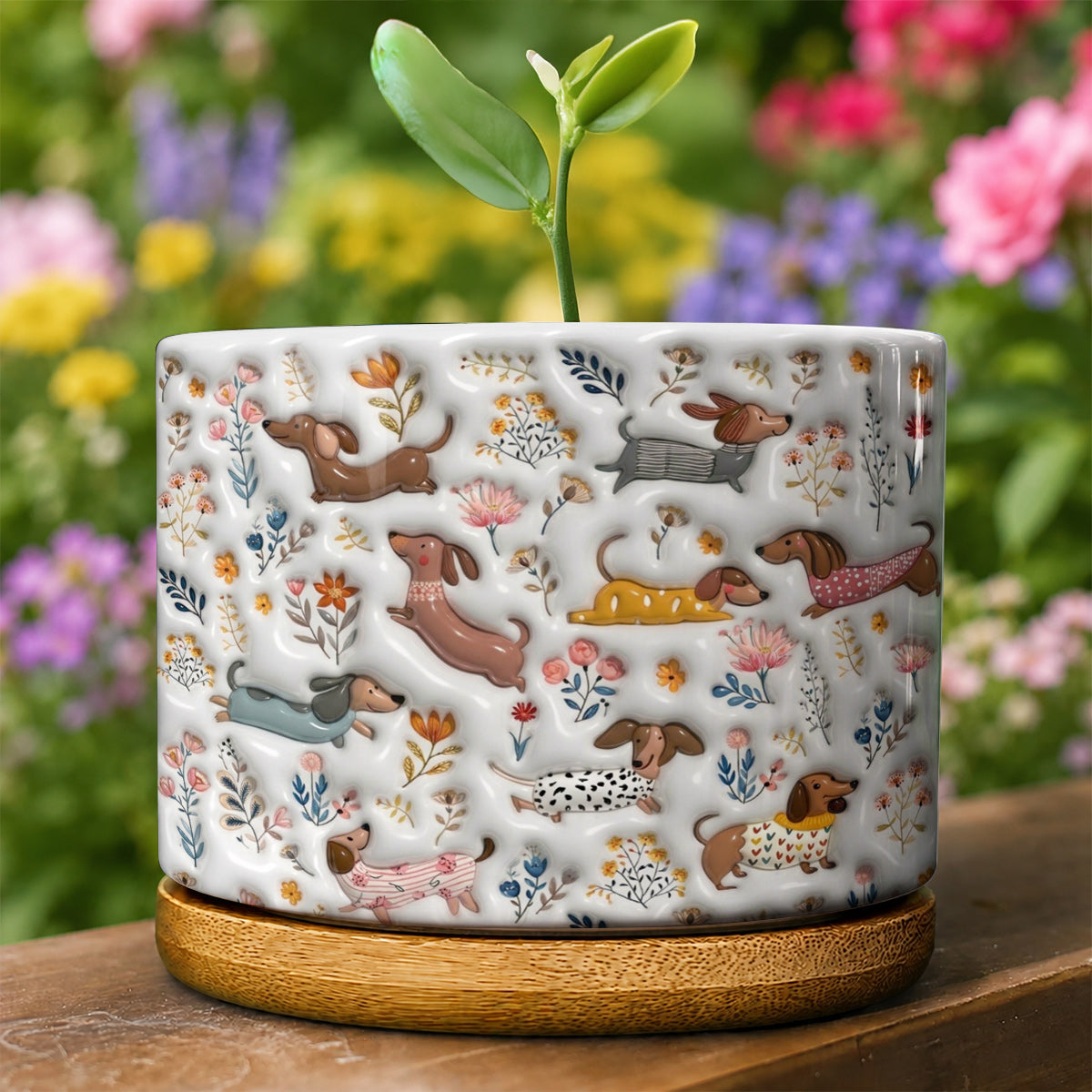 Lorva Dachshund Flat Print Ceramic Plant Pot Happy Field Flowers