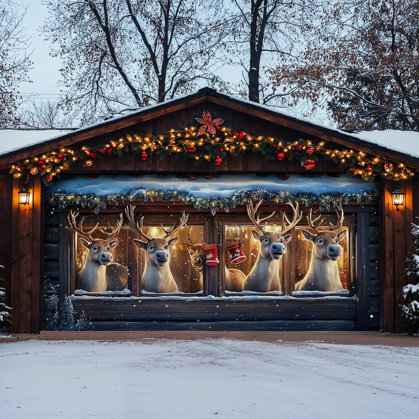 Lorva Christmas Garage Door Banner Decoration Reindeer's Playful