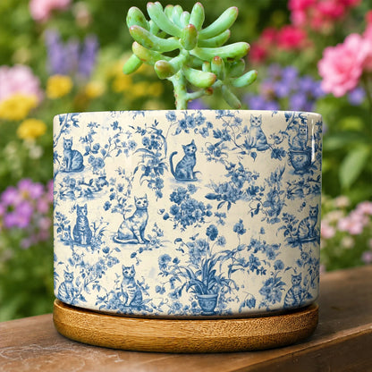 Lorva Ceramic Plant Pot Blue Floral Cats