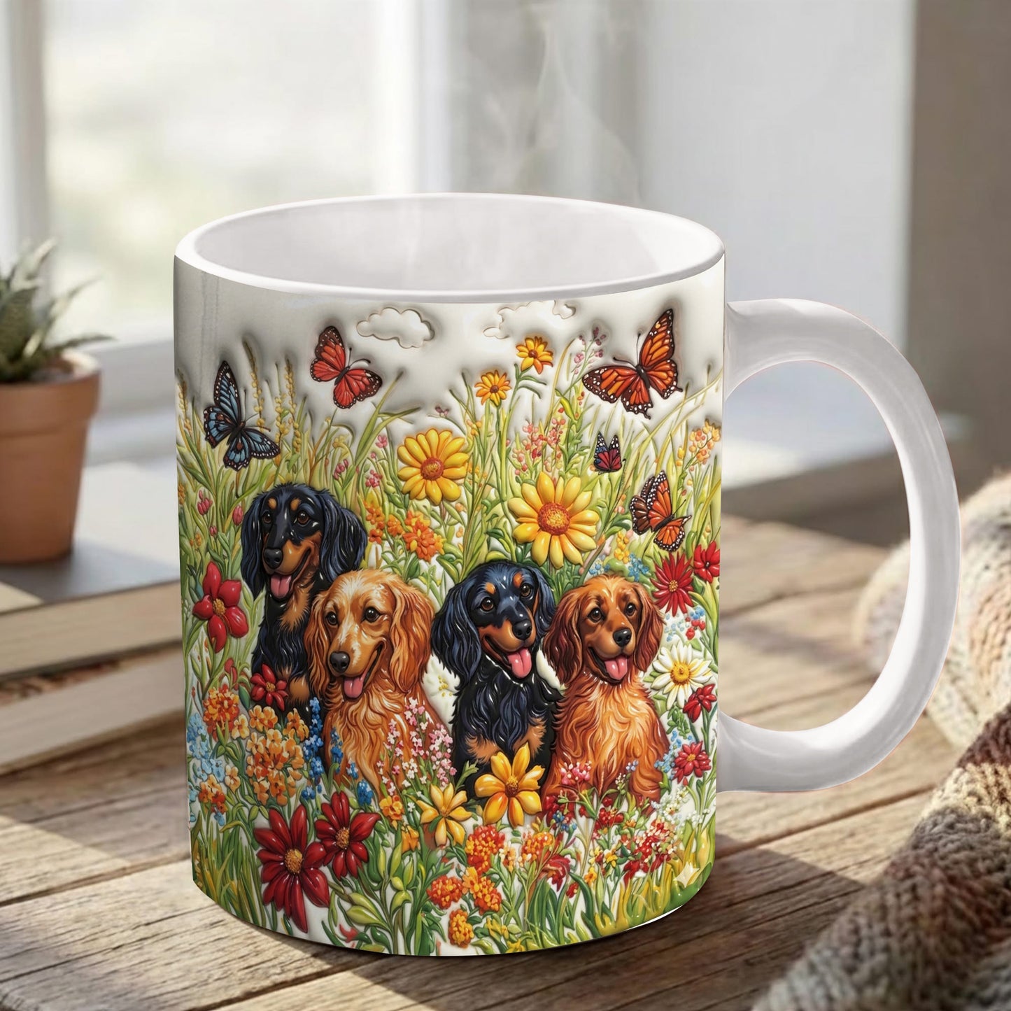 Lorva Flat Print Mug Sunshine Dachshunds In Flowers Garden