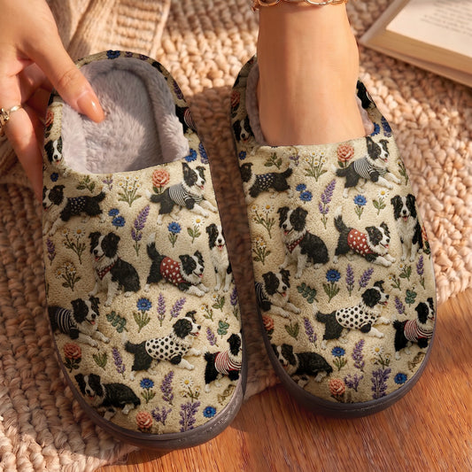 Lorva Border Collie Fleece Lined Slippers Happy Floral Garden