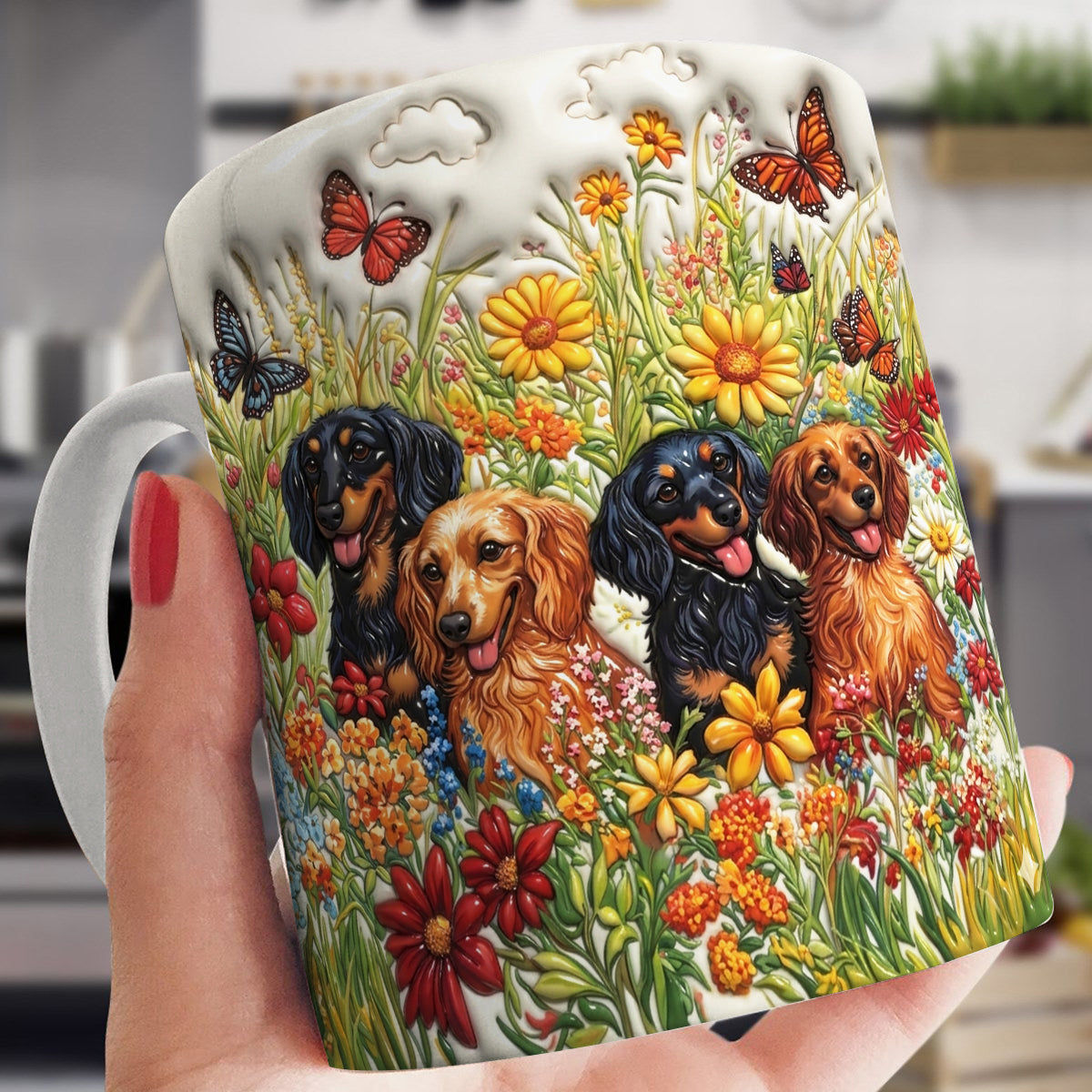 Lorva Flat Print Mug Sunshine Dachshunds In Flowers Garden