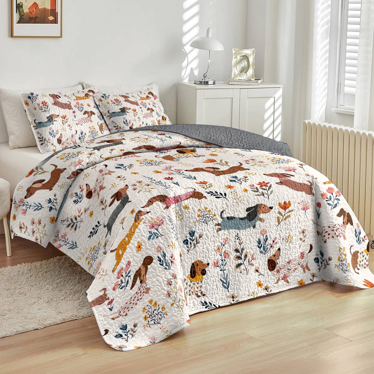 Lorva Dachshund All Season Quilt 3-Piece Set Happy Field Flowers