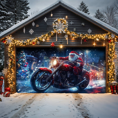 Lorva Chistmas Garage Door Banner Decoration Santa’s Midnight Motorcycle Run