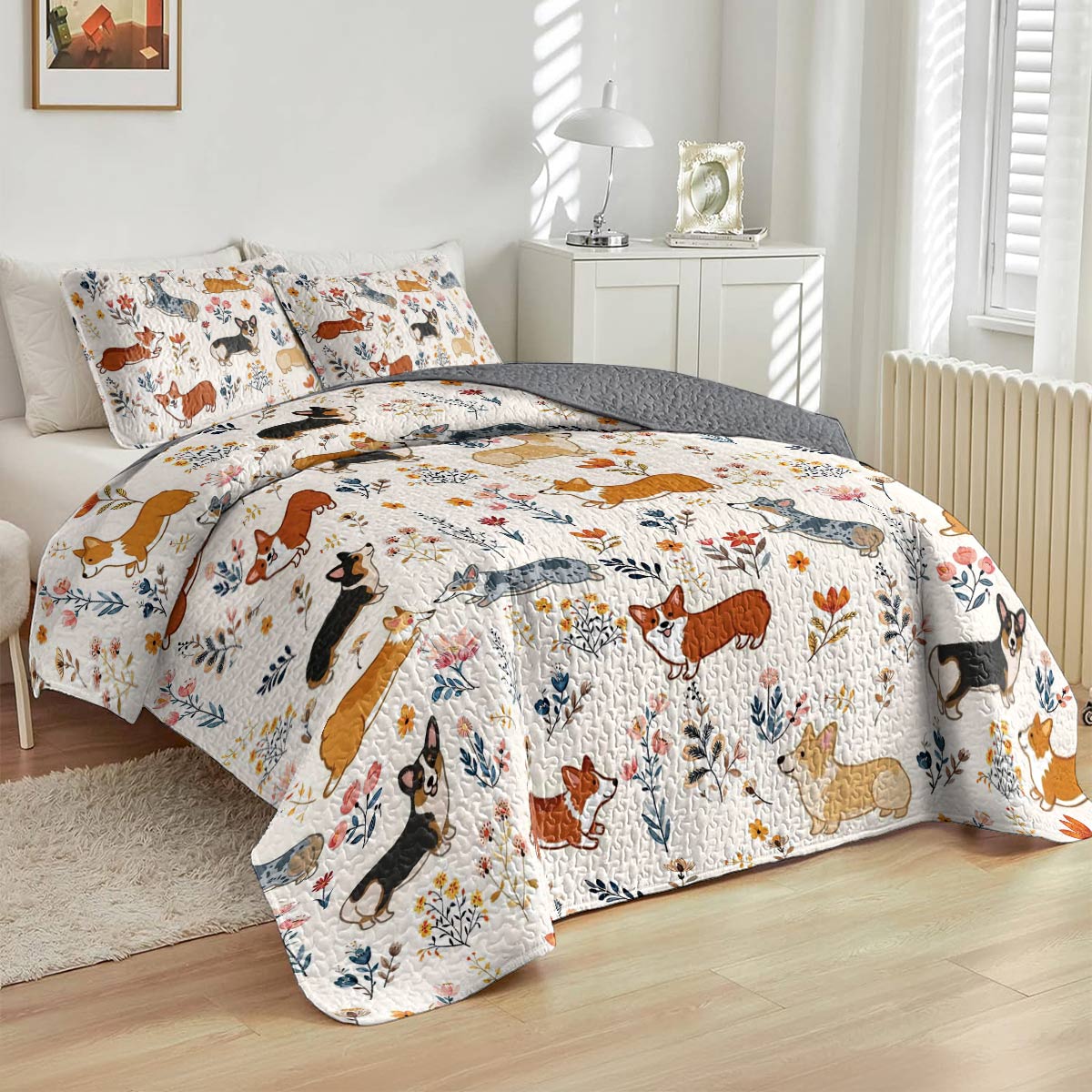 Lorva Corgi All Season Quilt 3-Piece Set Happy Field Flowers