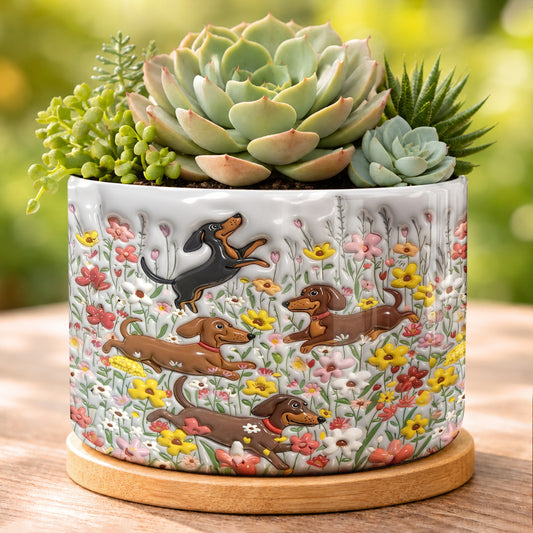 Lorva Dachshund Flat Print Ceramic Plant Pot Happy Dachshunds In Flower Garden