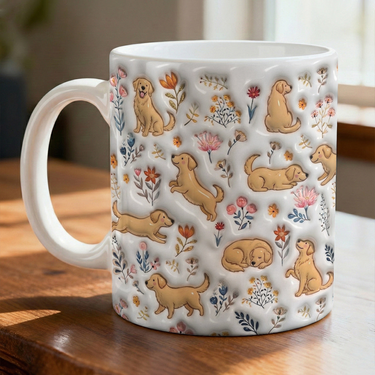 Lorva Golden Retriever Flat Print Mug Cute Field Flowers