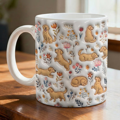 Lorva Golden Retriever Flat Print Mug Cute Field Flowers