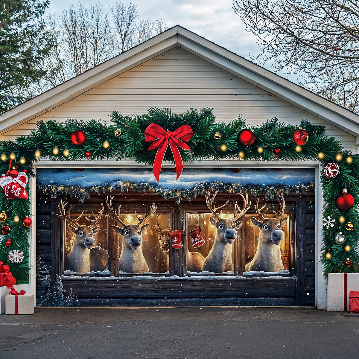 Lorva Christmas Garage Door Banner Decoration Reindeer's Playful