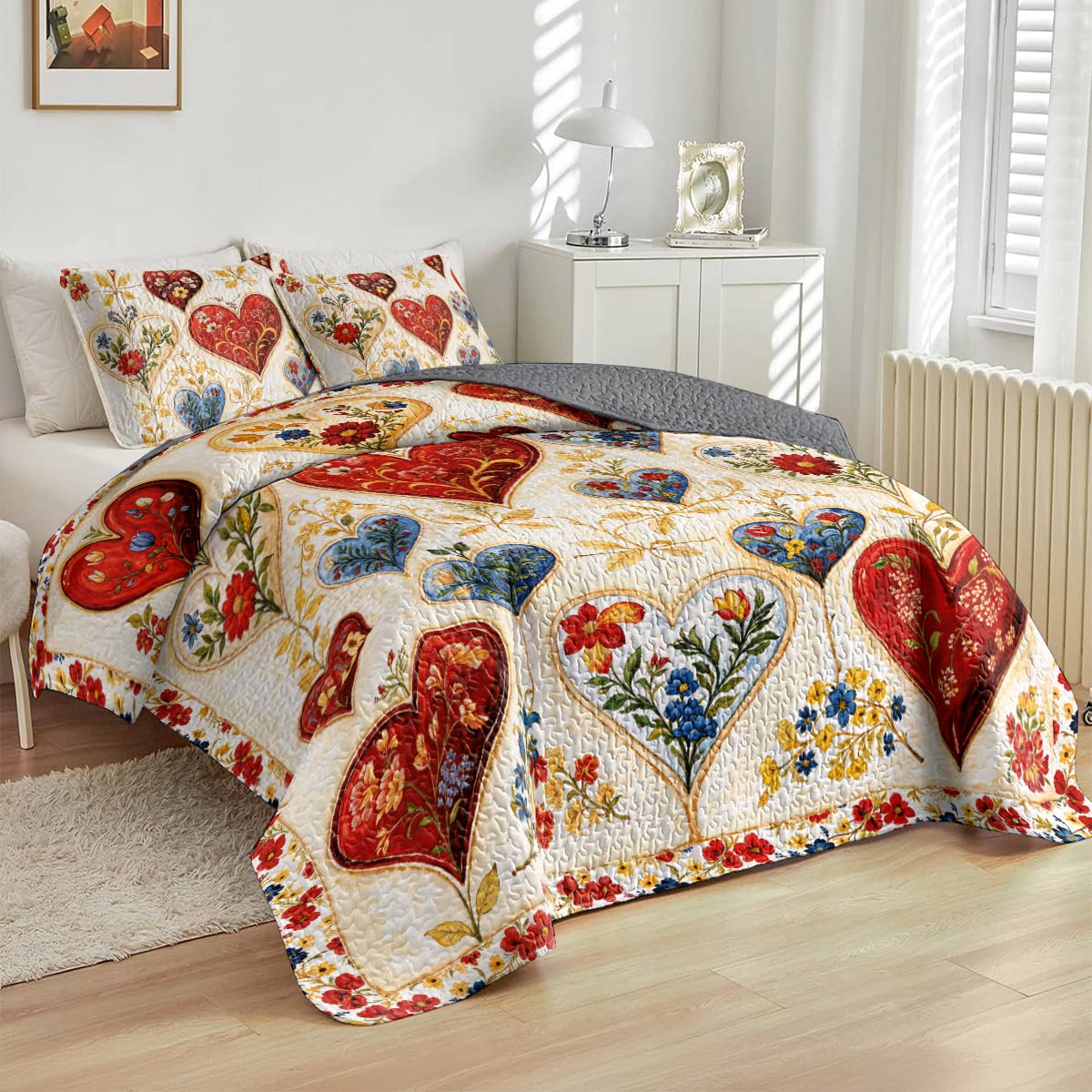 Lorva Valentine All Season Quilt 3-Piece Set Gorgeous Floral Heart