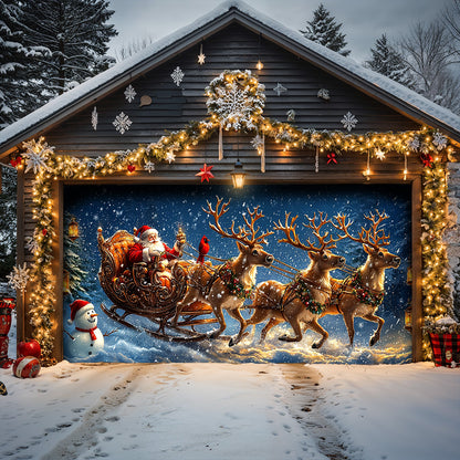 Lorva Christmas Garage Door Banner Decoration Santa’s Snowy Sleigh Adventure
