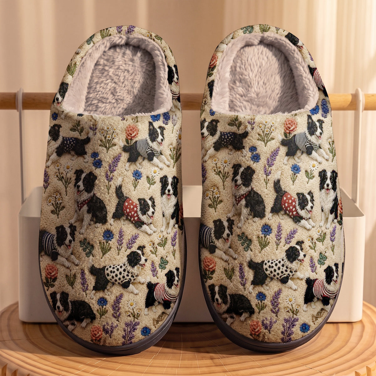 Lorva Border Collie Fleece Lined Slippers Happy Floral Garden