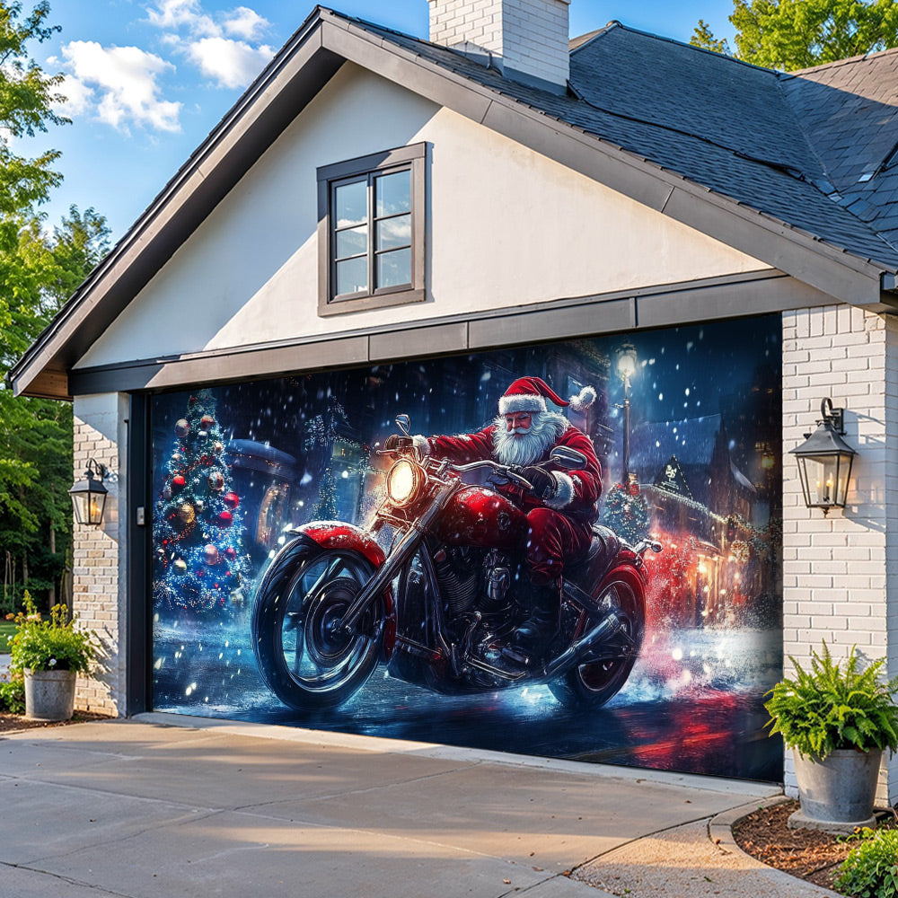 Lorva Chistmas Garage Door Banner Decoration Santa’s Midnight Motorcycle Run