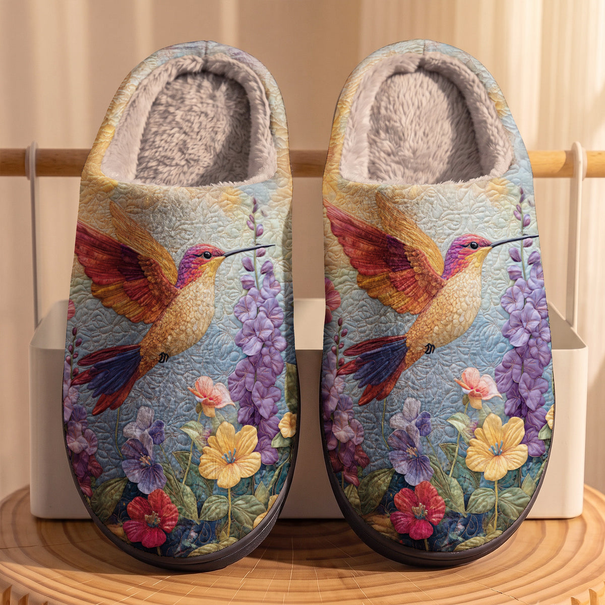 Lorva Hummingbird Fleece Lined Slippers Gentle Floral Hummingbird