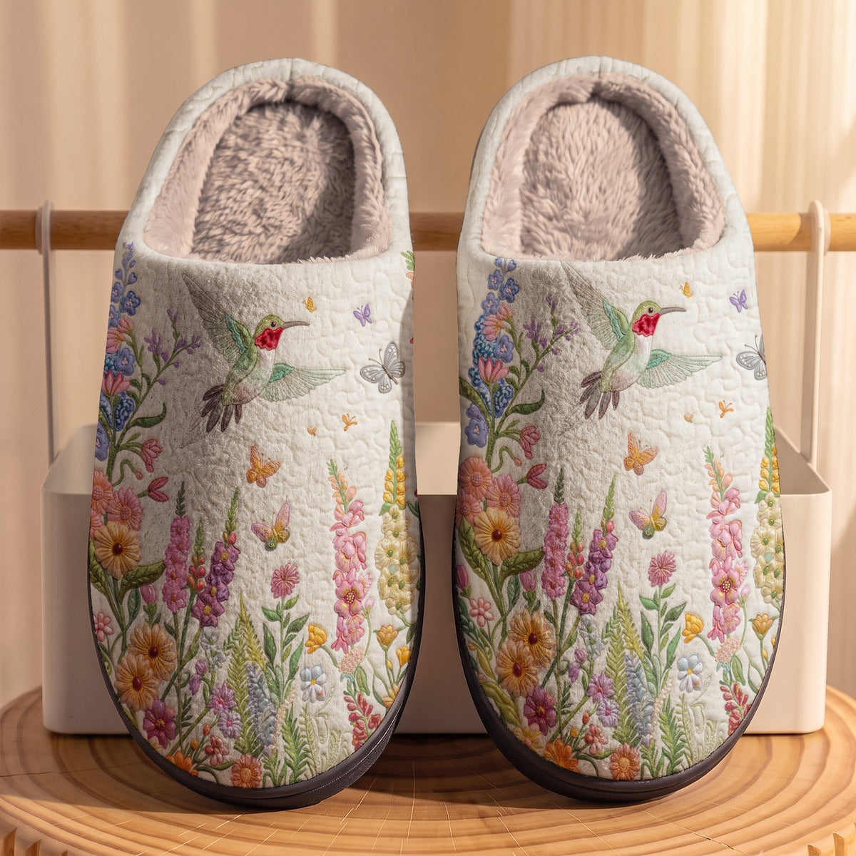 Lorva Hummingbird Fleece Lined Slippers Fluttering Blossoms
