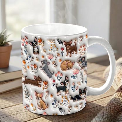 Lorva Cute Chihuahua Flat Print Mug Happy Field Flowers
