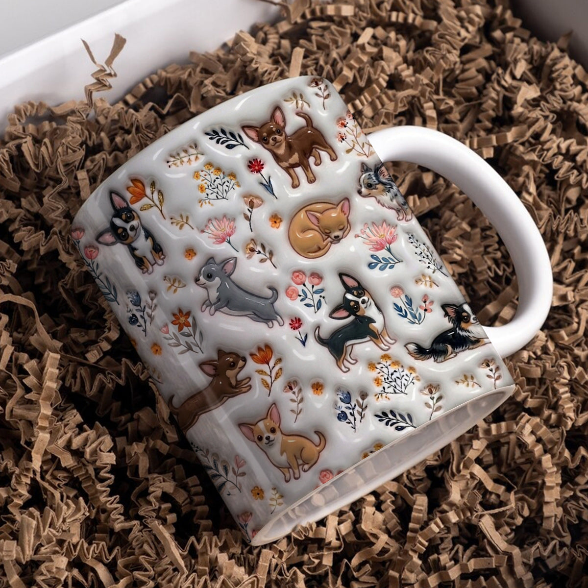Lorva Cute Chihuahua Flat Print Mug Happy Field Flowers