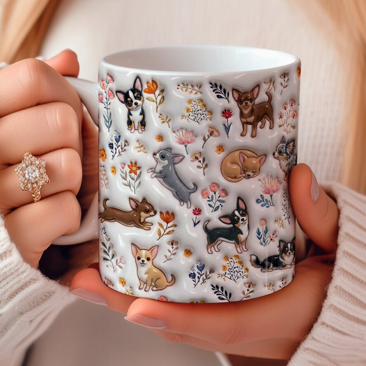 Lorva Cute Chihuahua Flat Print Mug Happy Field Flowers