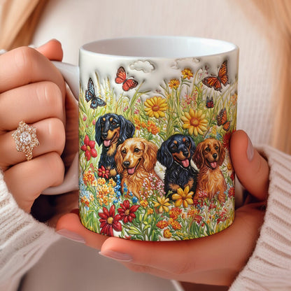 Lorva Flat Print Mug Sunshine Dachshunds In Flowers Garden