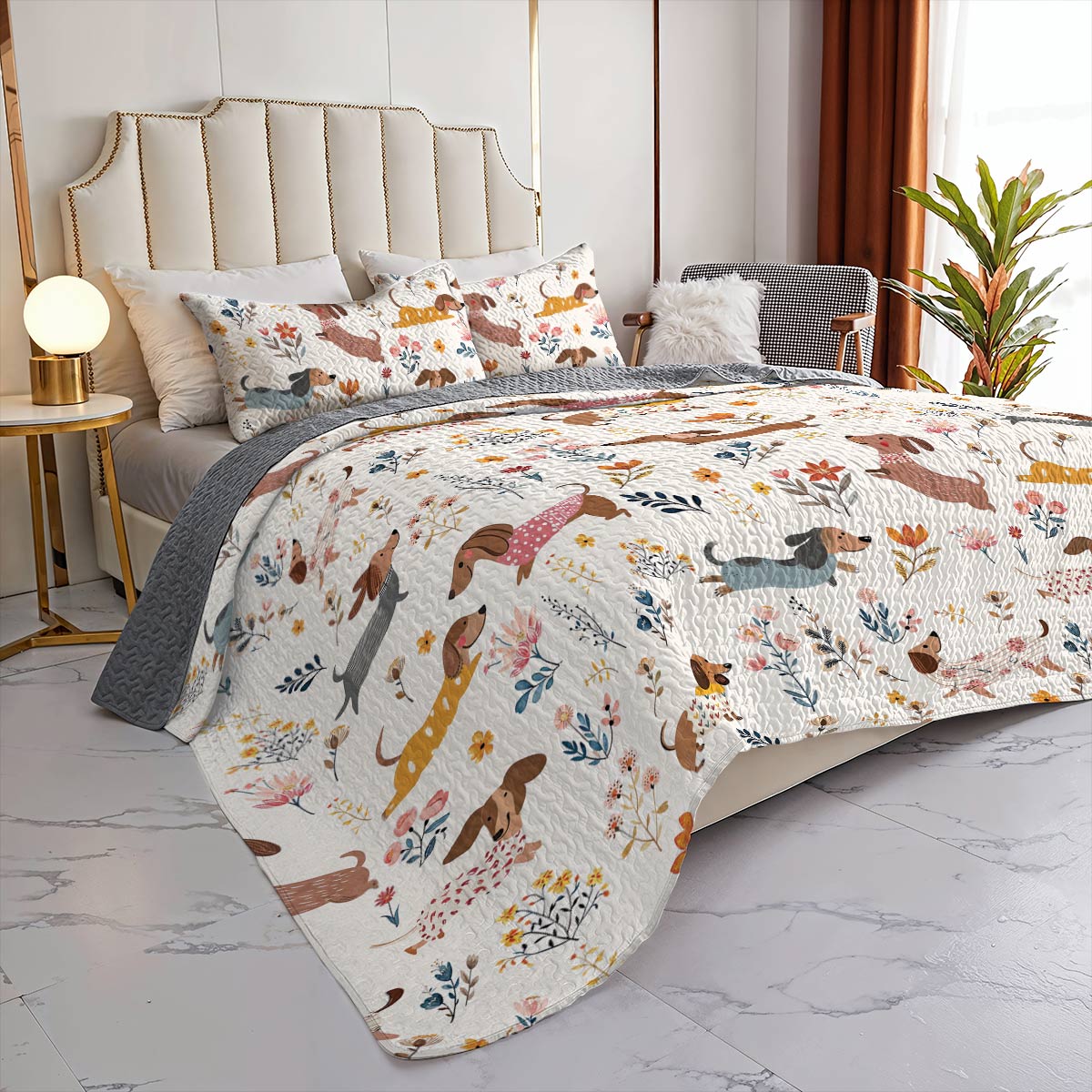 Lorva Dachshund All Season Quilt 3-Piece Set Happy Field Flowers