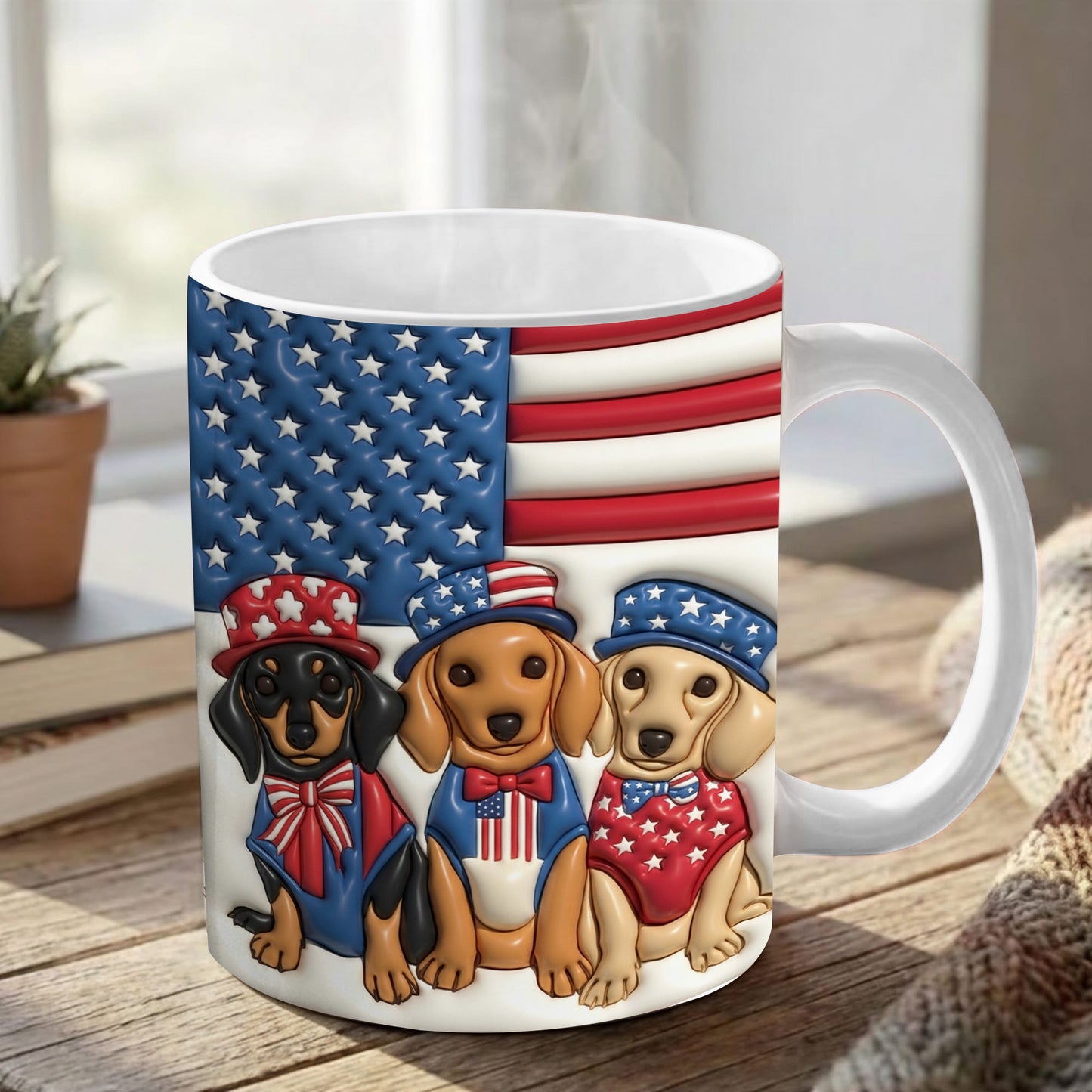 Lorva Flat Print Mug Cute Dachshunds With American Flag
