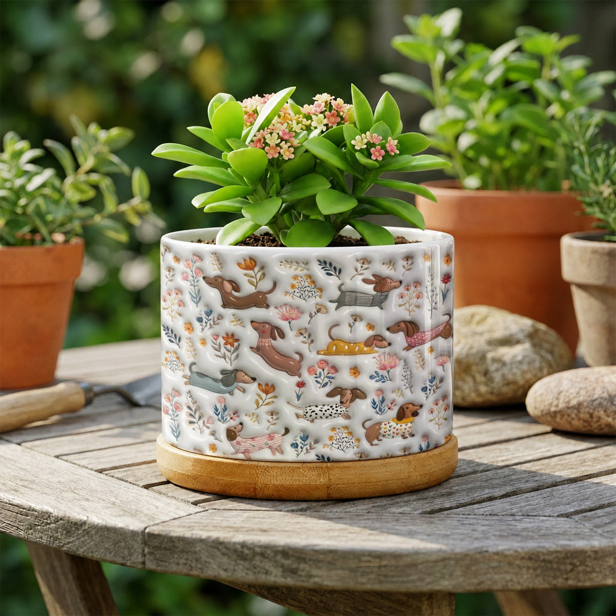 Lorva Dachshund Flat Print Ceramic Plant Pot Happy Field Flowers