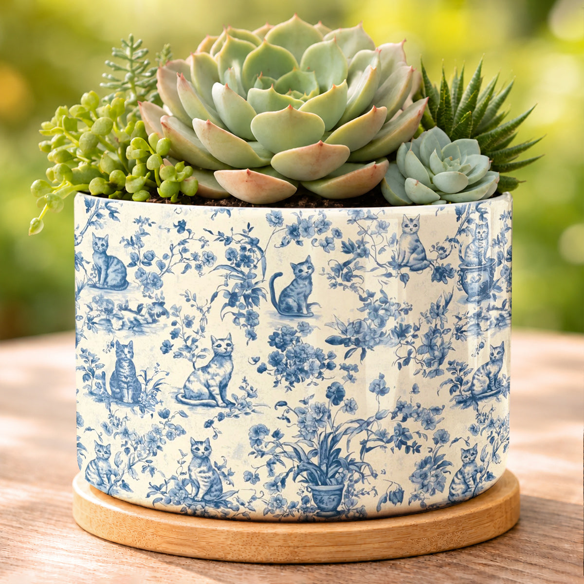 Lorva Ceramic Plant Pot Blue Floral Cats