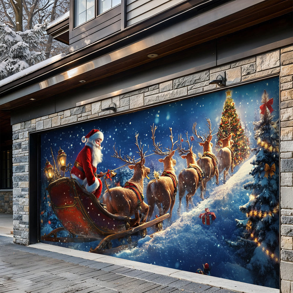 Lorva Christmas Garage Door Banner Decoration Santa’s Reindeer Journey