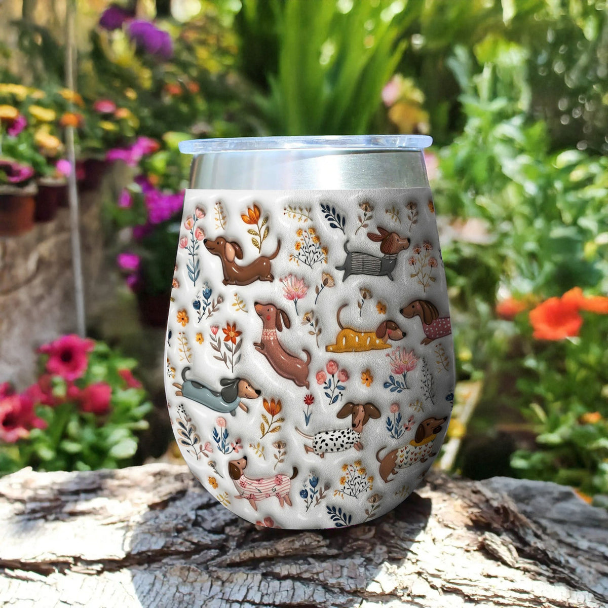Lorva Dachshund Wine Tumbler Happy Field Flowers