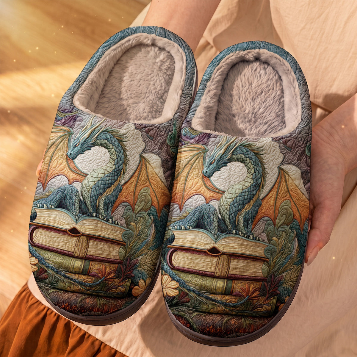 Lorva Reading Fleece Lined Slippers Mystical Book Dragon