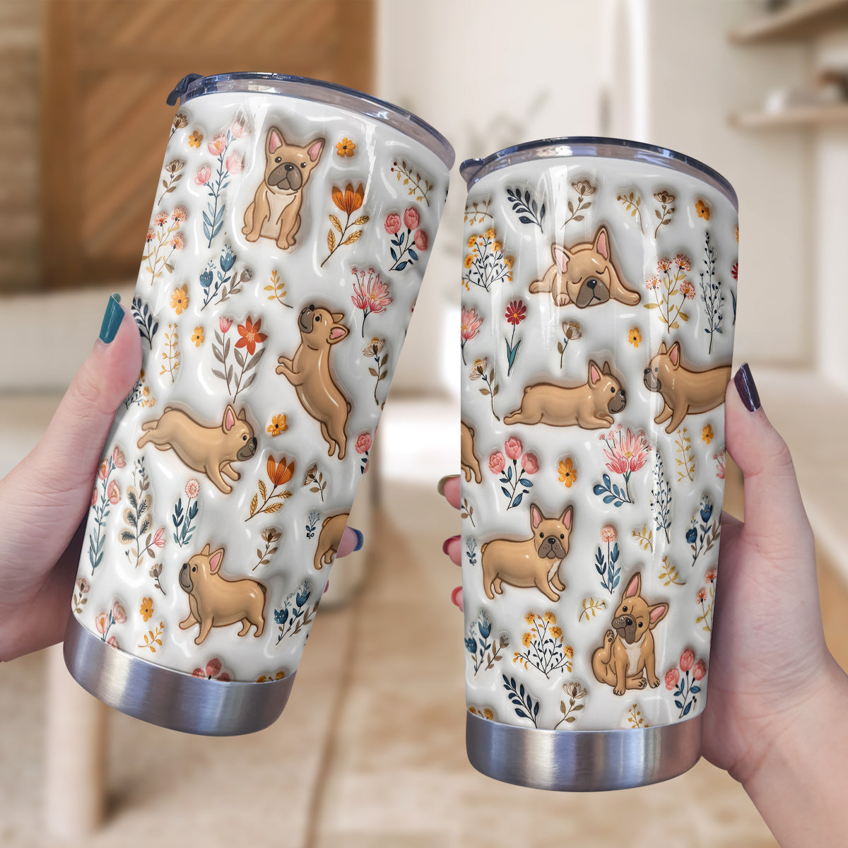 Lorva French Bulldog 20Oz Flat Print Tumbler Happy Field Flowers