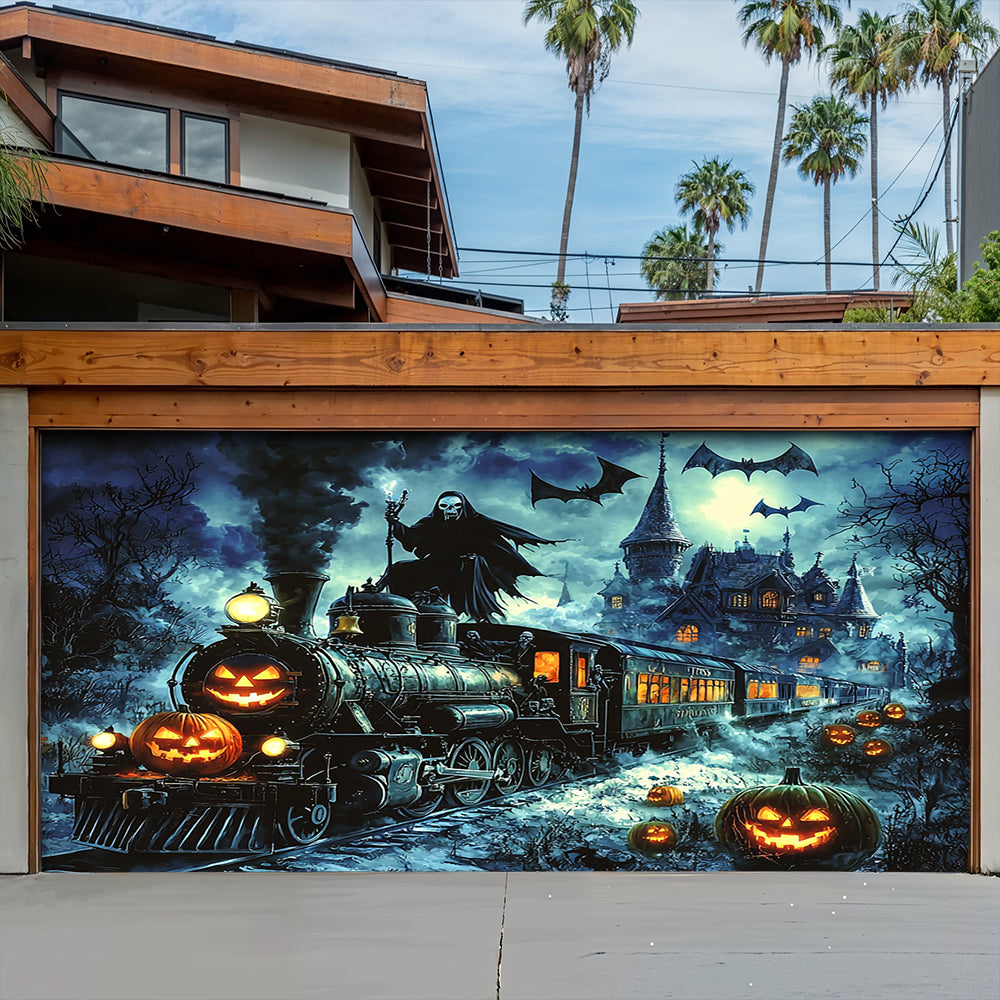 Lorva Halloween Garage Door Banner Decoration Grim Reaper Haunted Train