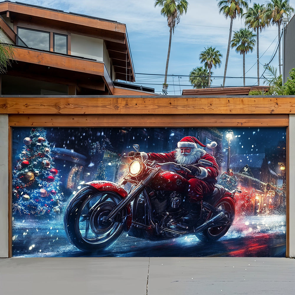 Lorva Chistmas Garage Door Banner Decoration Santa’s Midnight Motorcycle Run