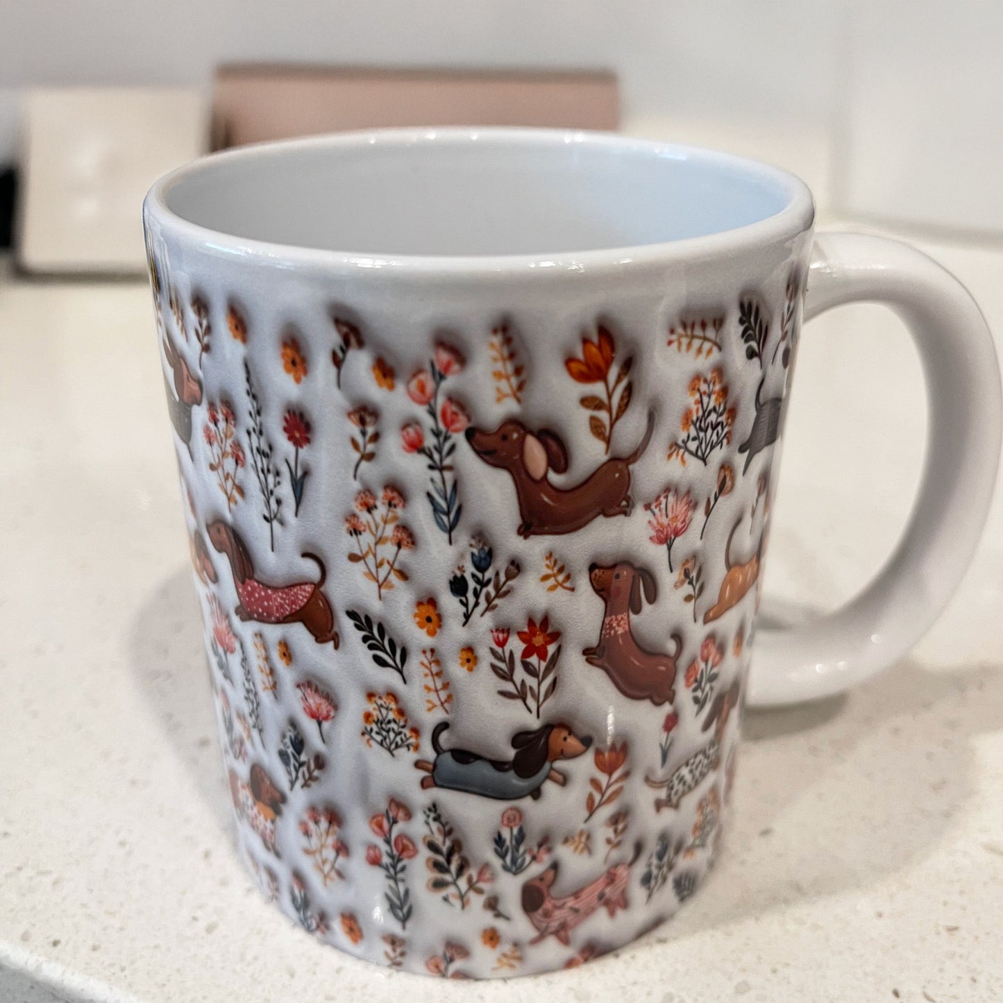 Lorva Dachshund Flat Print Mug Happy Field Flowers