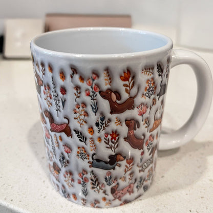 Lorva Dachshund Flat Print Mug Happy Field Flowers